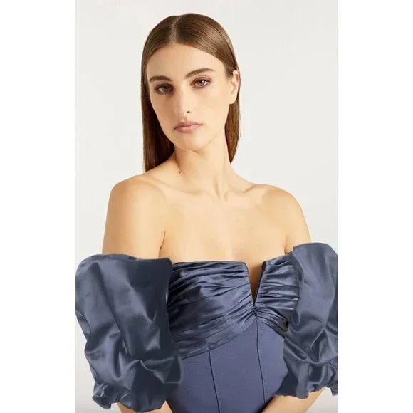 CINQ À SEPT Teo Ruched Satin Sheath Mini Dress Blue Womens Size 14 - Picture 3 of 12